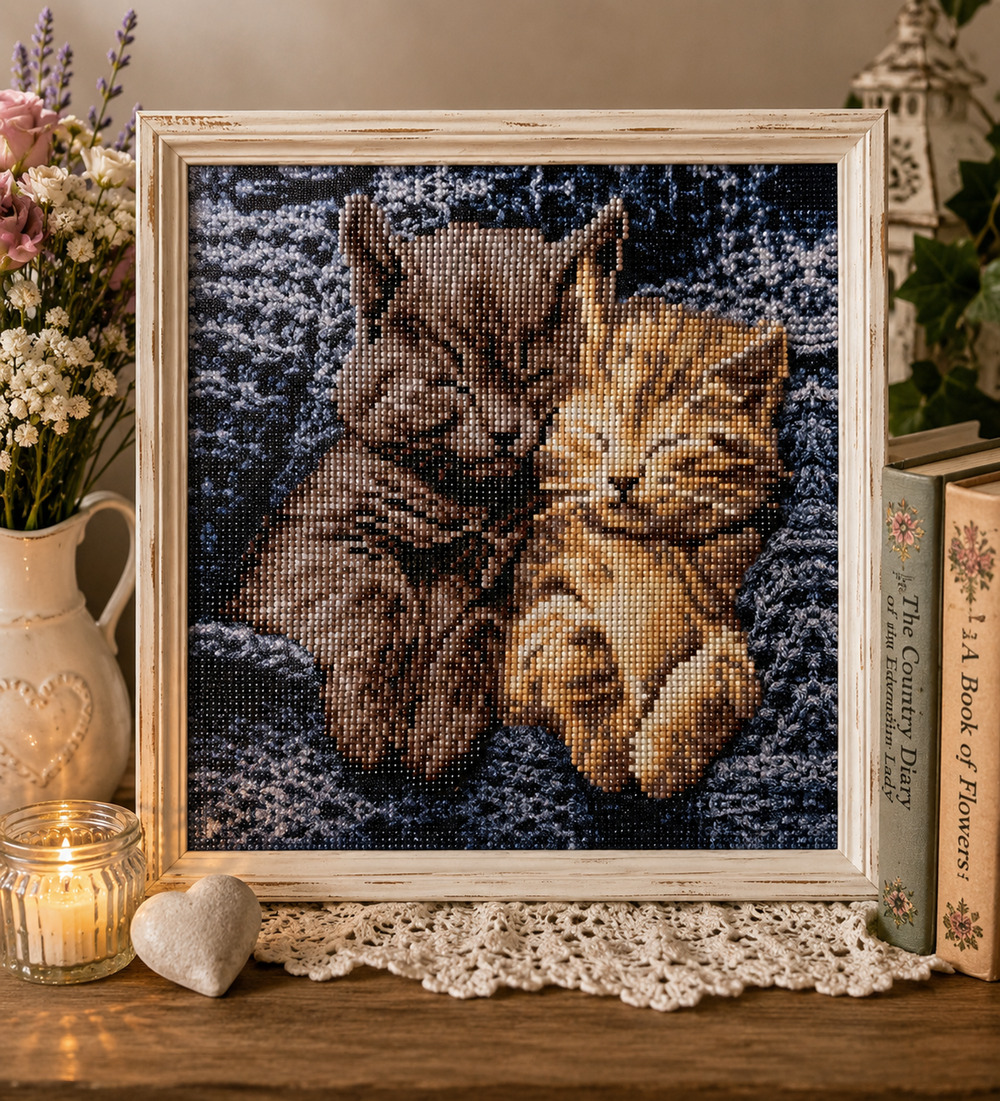 Completed Diamond Dotz Purr Pair Sleeping Kittens Diamond Art Cat Wall Décor